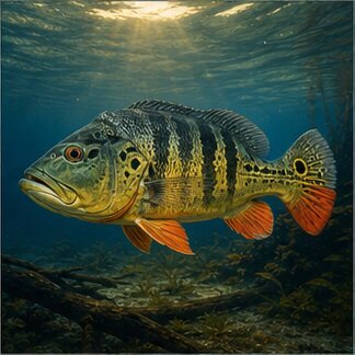Colorful peacock bass underwater
