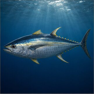 Yellowfin tuna in deep blue water