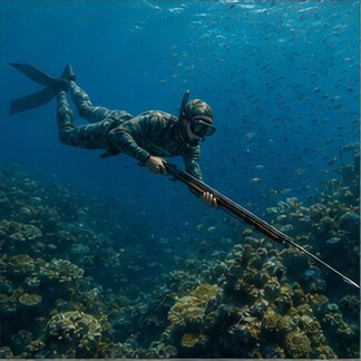 Freediver spearfishing near a tropical reef